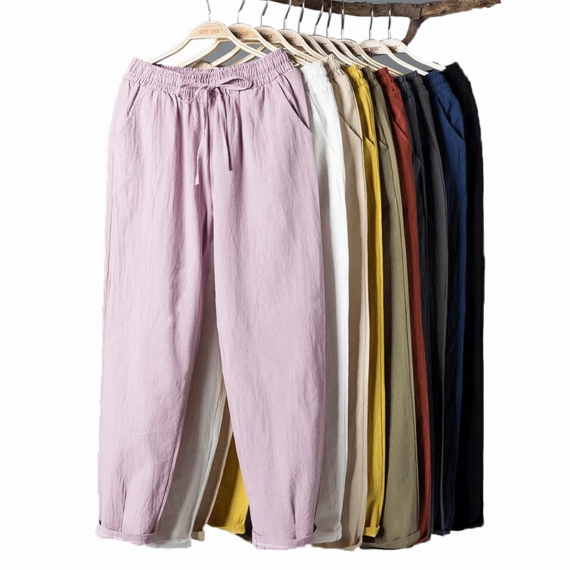 Womens Spring Summer Cotton Linen Elastic Waist Harem Pants