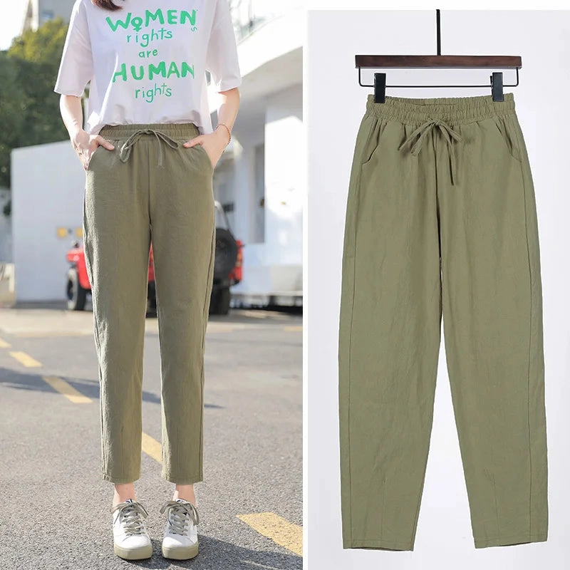 Womens Spring Summer Cotton Linen Elastic Waist Harem Pants