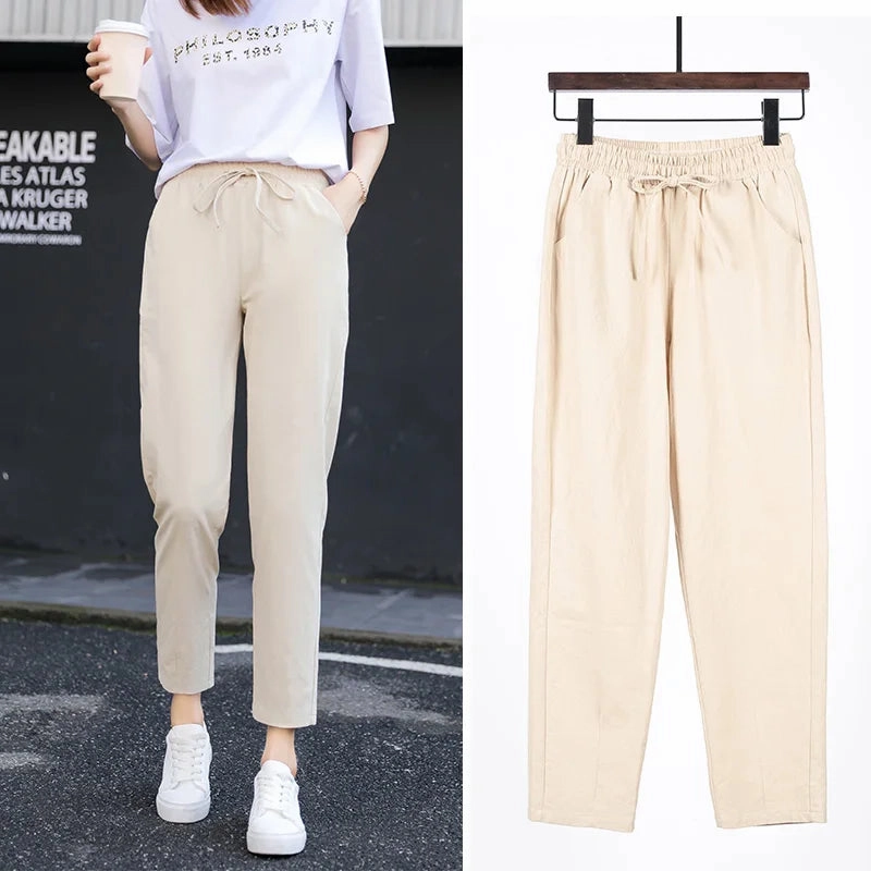 Womens Spring Summer Cotton Linen Elastic Waist Harem Pants