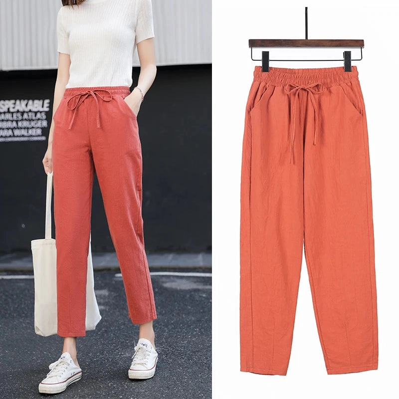 Womens Spring Summer Cotton Linen Elastic Waist Harem Pants