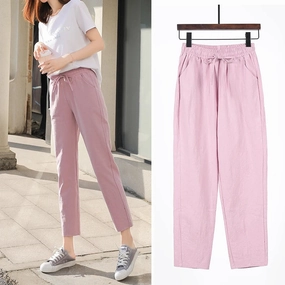 Womens Spring Summer Cotton Linen Elastic Waist Harem Pants