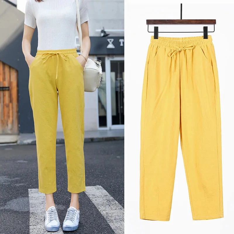 Womens Spring Summer Cotton Linen Elastic Waist Harem Pants