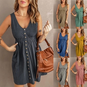 Womens Summer Sleeveless Dress Button Down Elastic Waist Swing Loose Casual Plus Size
