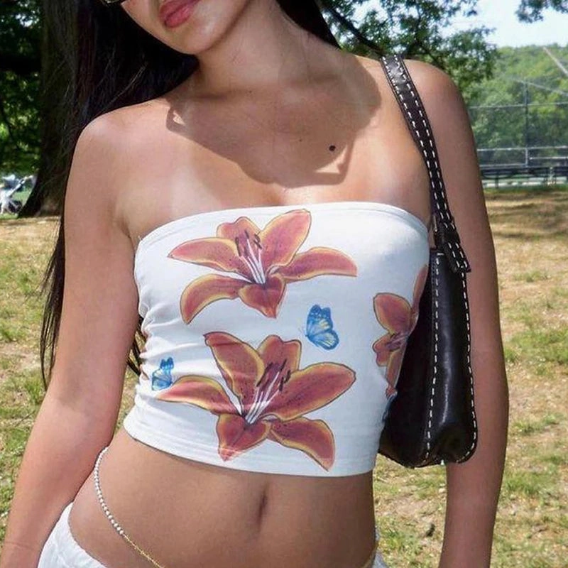 Y2K?Aesthetic Women Floral Bow Print Tube Top Fairy?Grunge Sleeveless Off Shoulder Wrap Chest Tank Top Mini Chic Vest Streetwear