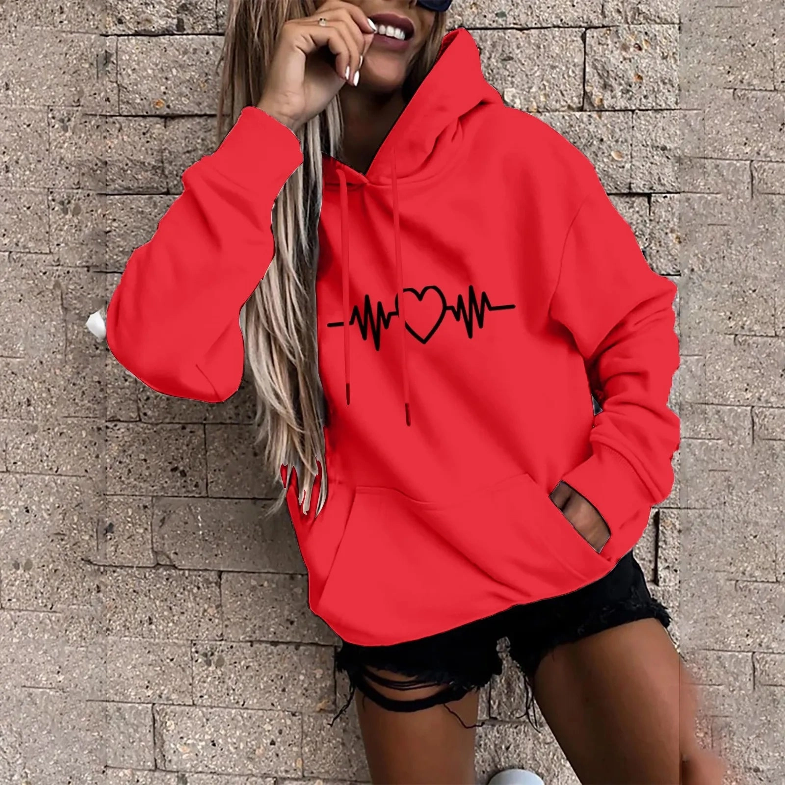 Y2K High Street Heartbeat Prints Women's Hoodie Long Sleeve Casual Daily Wear Stylish Pullover for Everyday Fashion and Comfort