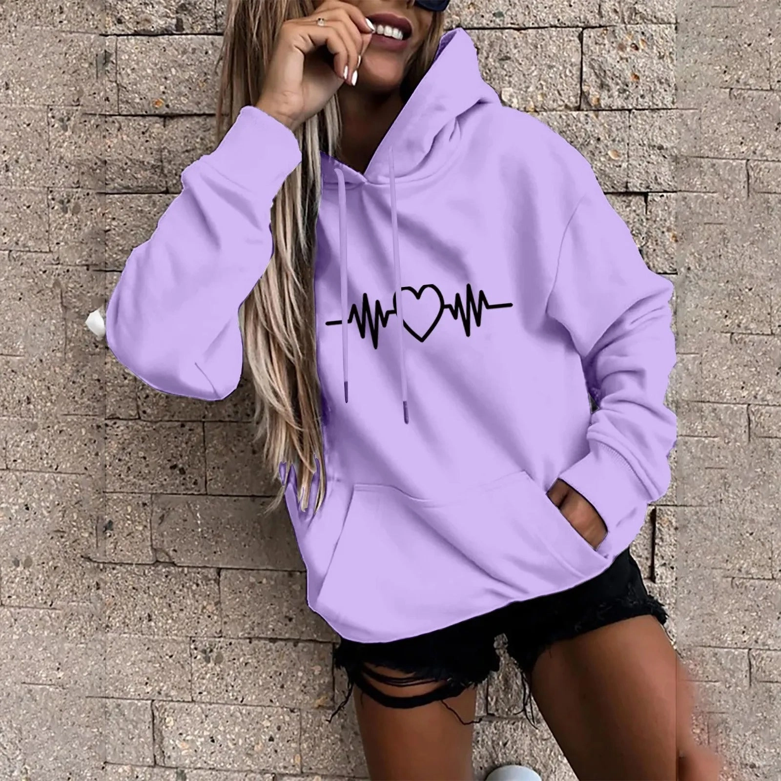 Y2K High Street Heartbeat Prints Women's Hoodie Long Sleeve Casual Daily Wear Stylish Pullover for Everyday Fashion and Comfort