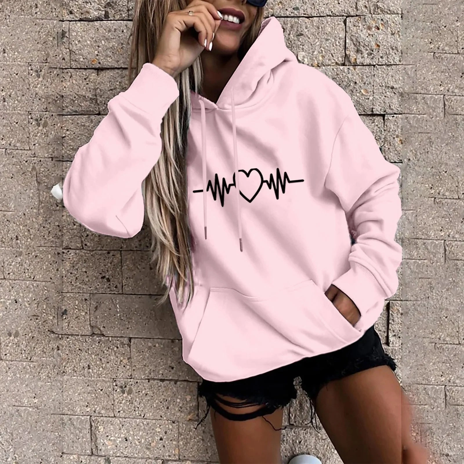 Y2K High Street Heartbeat Prints Women's Hoodie Long Sleeve Casual Daily Wear Stylish Pullover for Everyday Fashion and Comfort