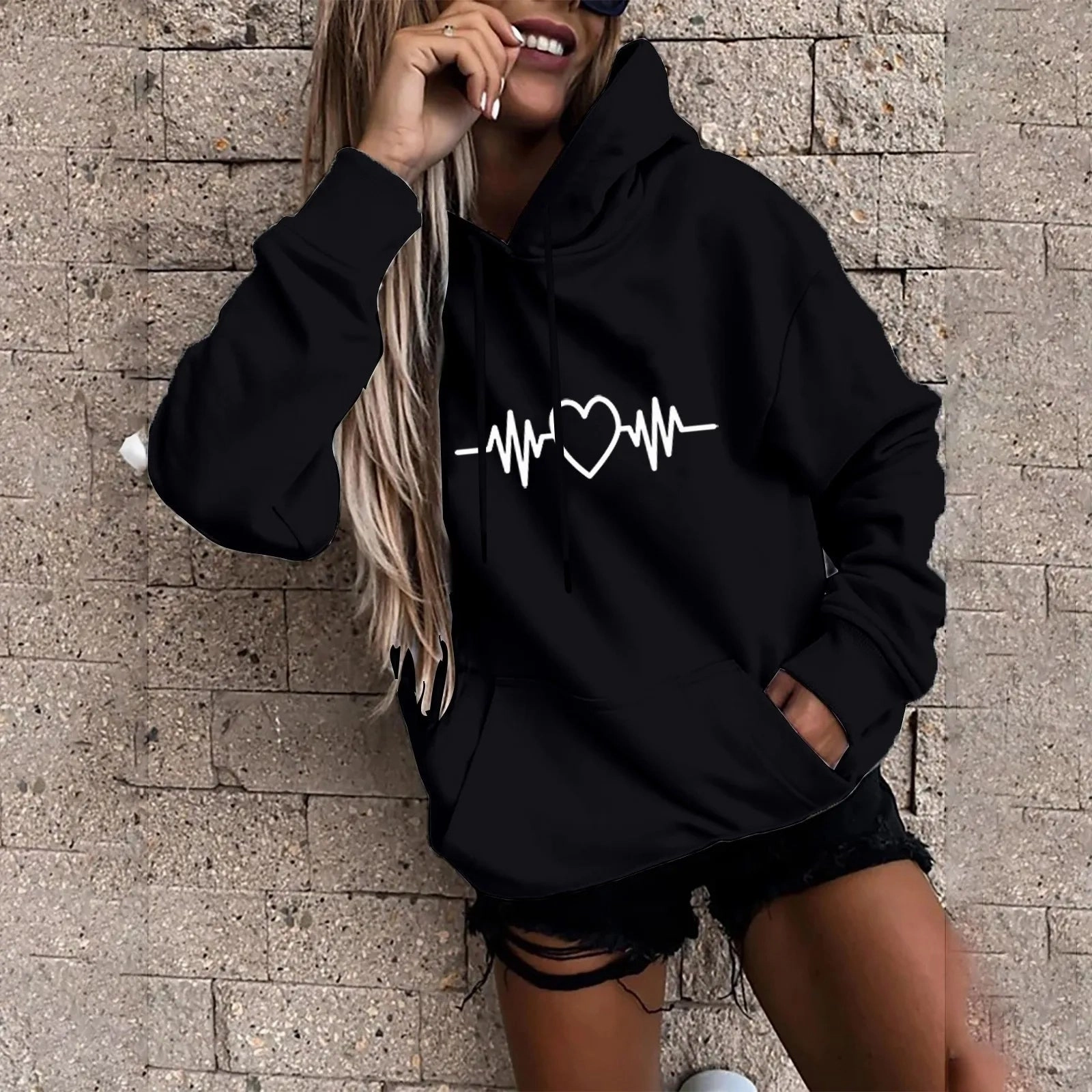 Y2K High Street Heartbeat Prints Women's Hoodie Long Sleeve Casual Daily Wear Stylish Pullover for Everyday Fashion and Comfort