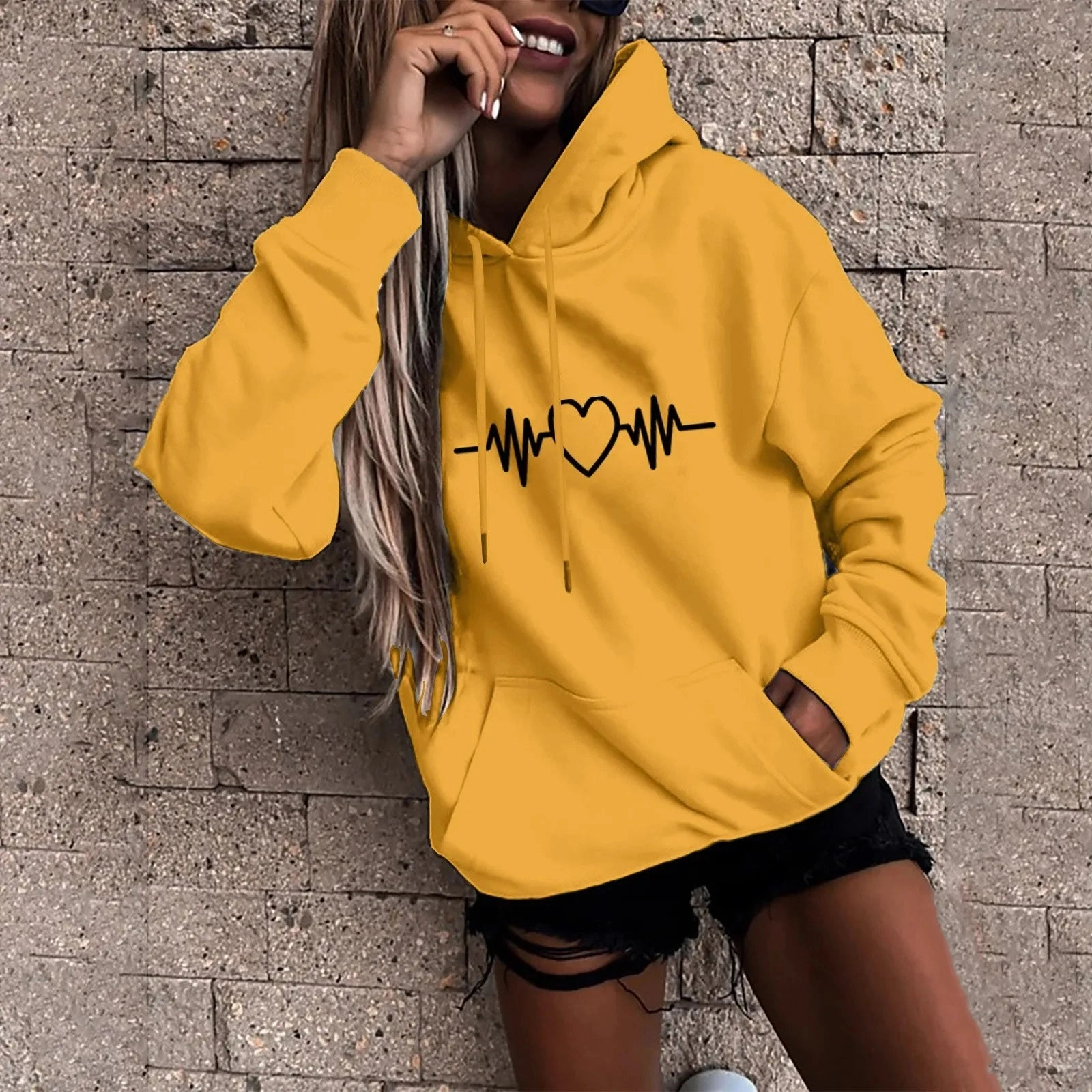Y2K High Street Heartbeat Prints Women's Hoodie Long Sleeve Casual Daily Wear Stylish Pullover for Everyday Fashion and Comfort