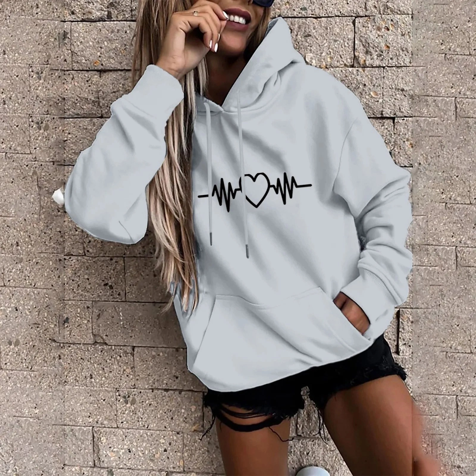 Y2K High Street Heartbeat Prints Women's Hoodie Long Sleeve Casual Daily Wear Stylish Pullover for Everyday Fashion and Comfort