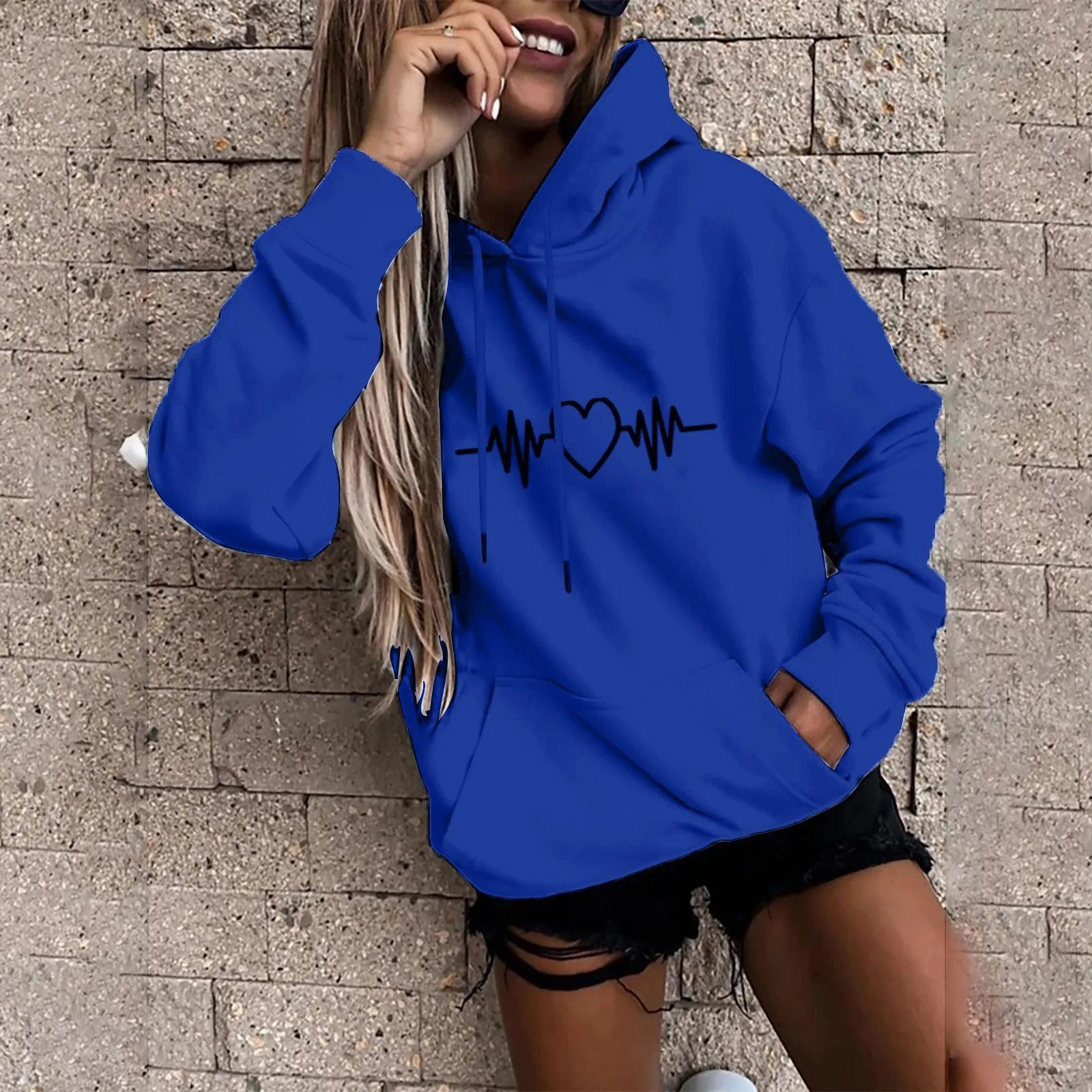 Y2K High Street Heartbeat Prints Women's Hoodie Long Sleeve Casual Daily Wear Stylish Pullover for Everyday Fashion and Comfort