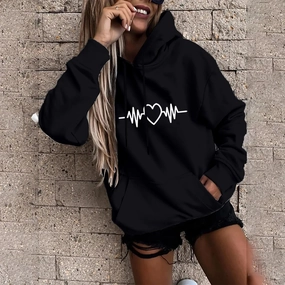 Y2K High Street Heartbeat Prints Women's Hoodie Long Sleeve Casual Daily Wear Stylish Pullover for Everyday Fashion and Comfort