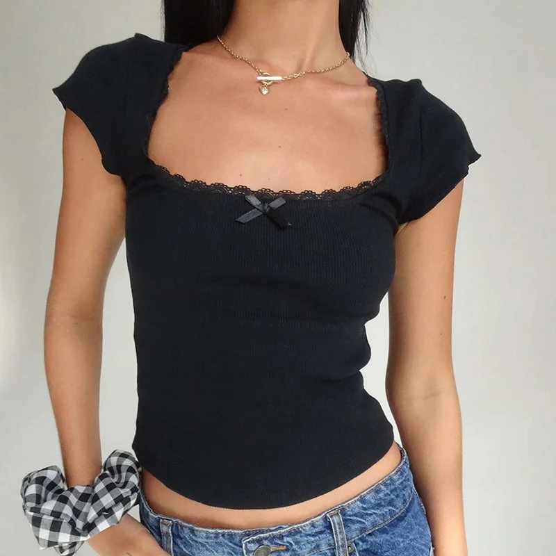 Y2K Vintage Baby Tee with Lace Trim - Summer Crop Top for Women