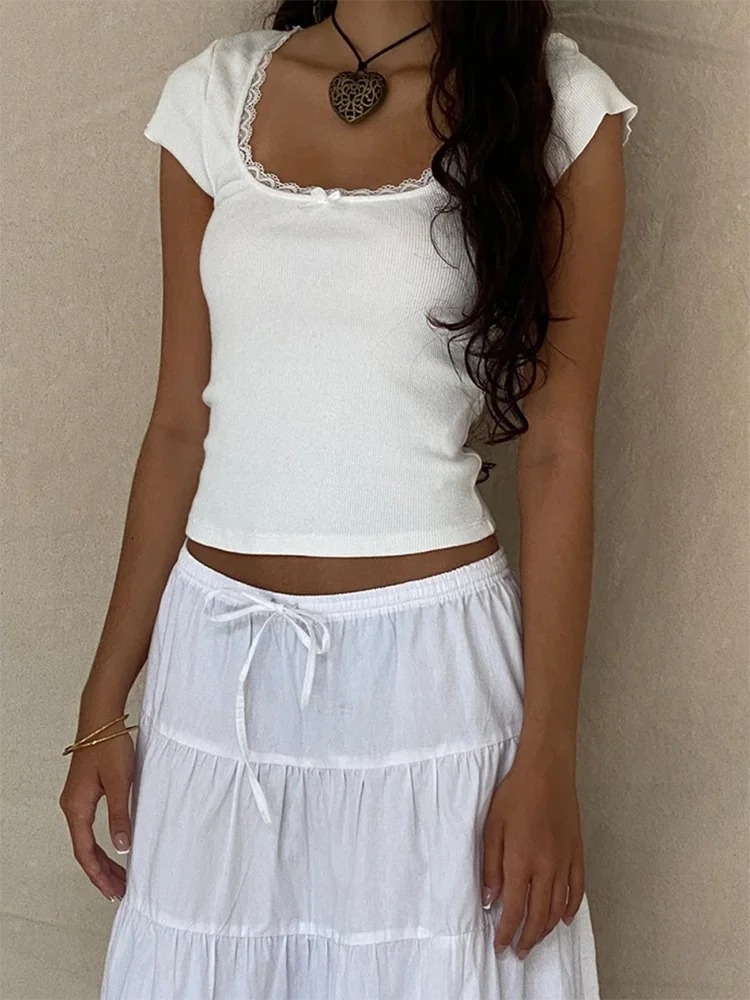 Y2K Vintage Baby Tee with Lace Trim - Summer Crop Top for Women