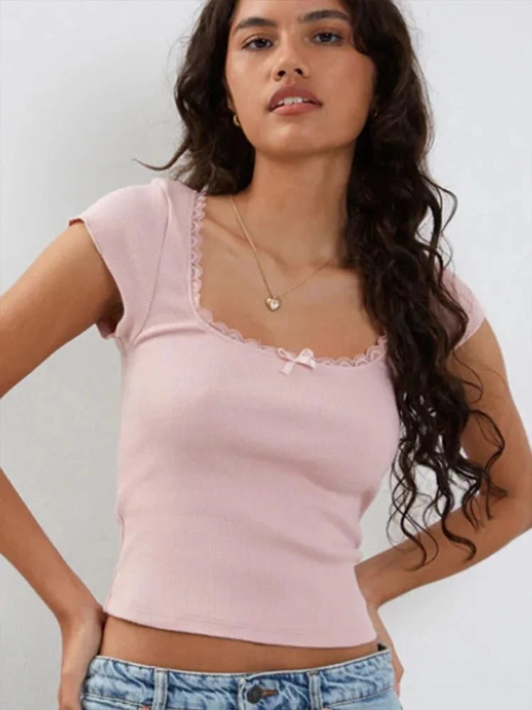 Y2K Vintage Baby Tee with Lace Trim - Summer Crop Top for Women