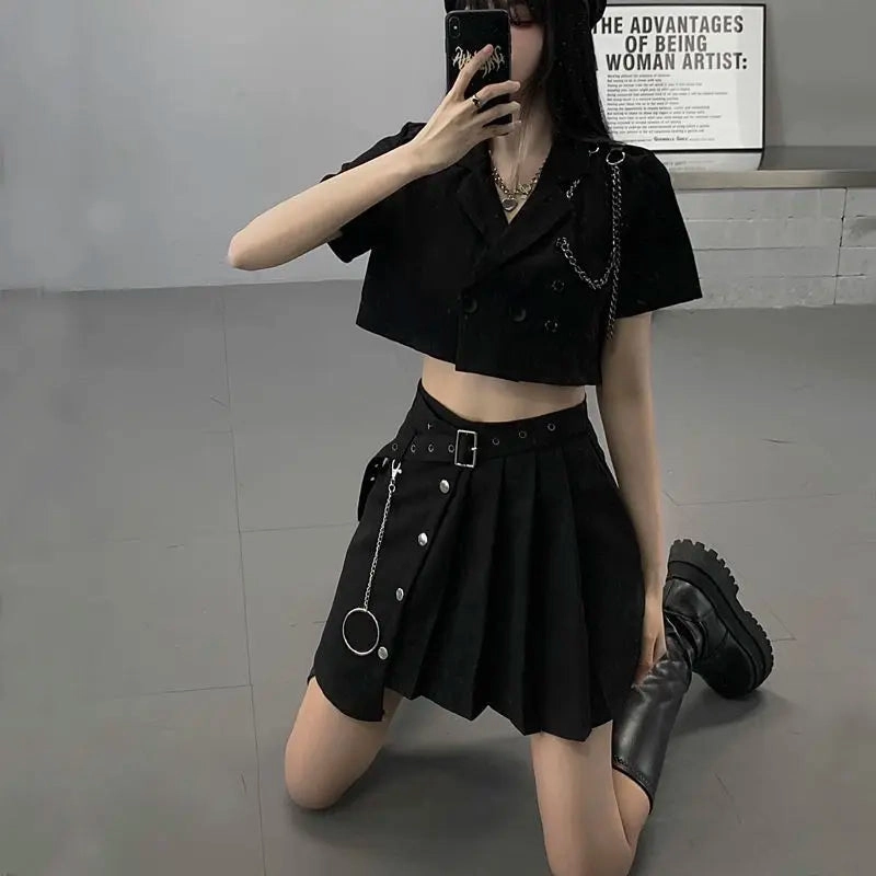 Yangelo Black Lapel Short Suit Jacket Female Punk Summer Crop