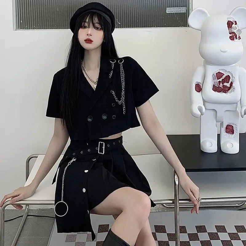Yangelo Black Lapel Short Suit Jacket Female Punk Summer Crop