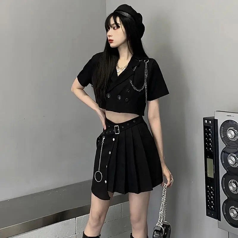 Yangelo Black Lapel Short Suit Jacket Female Punk Summer Crop