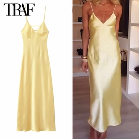 Yellow Satin Slip Dress for Women Backless Midi Party Dress with Straps Perfect for Summer Beach Occasions