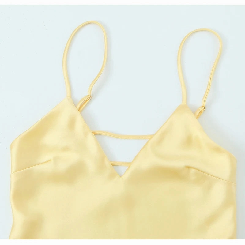 Yellow Satin Slip Dress for Women Backless Midi Party Dress with Straps Perfect for Summer Beach Occasions