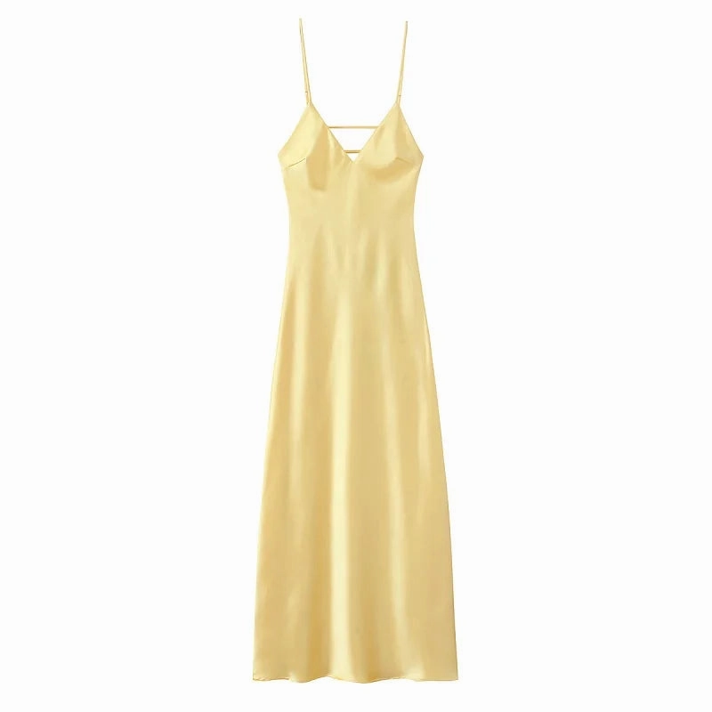 Yellow Satin Slip Dress for Women Backless Midi Party Dress with Straps Perfect for Summer Beach Occasions