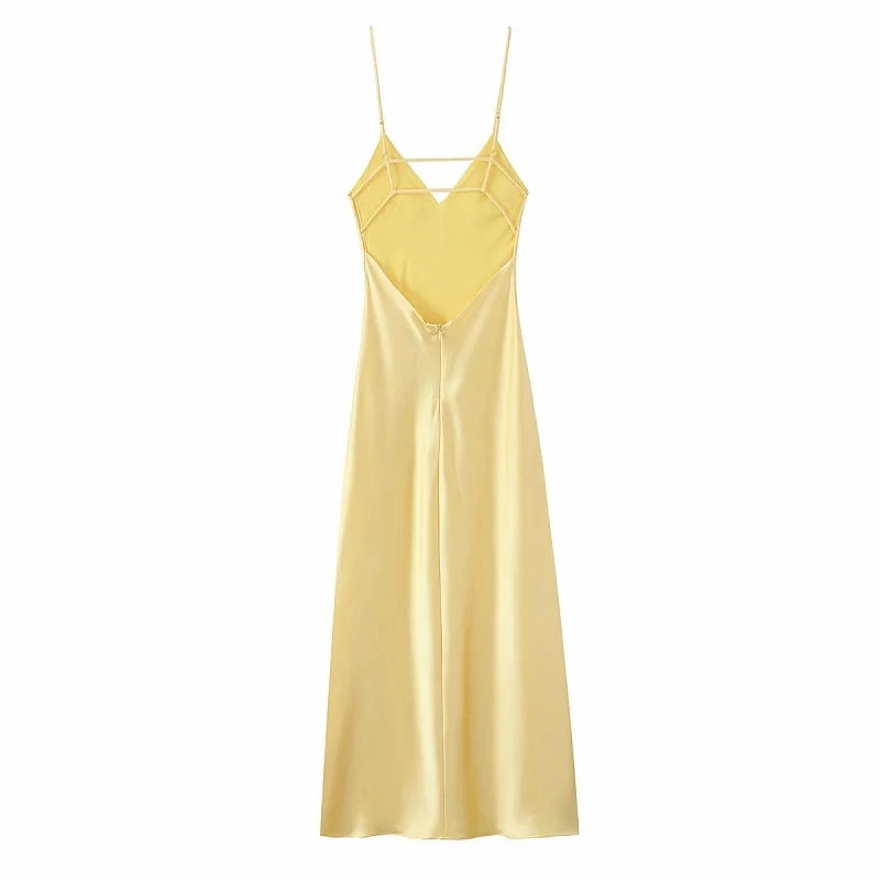 Yellow Satin Slip Dress for Women Backless Midi Party Dress with Straps Perfect for Summer Beach Occasions