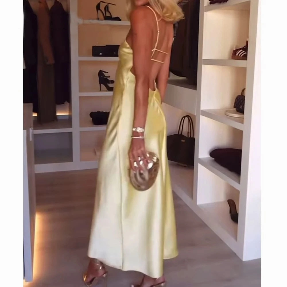 Yellow Satin Slip Dress for Women Backless Midi Party Dress with Straps Perfect for Summer Beach Occasions
