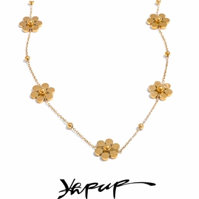 Yhpup Stainless Steel Flower Chain Necklace Golden Waterproof