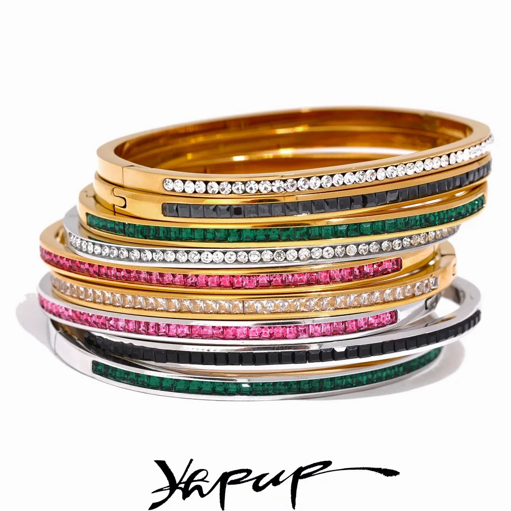 Yhpup Two Shape Round Square Colorful Zirconia Bracelet Bangle