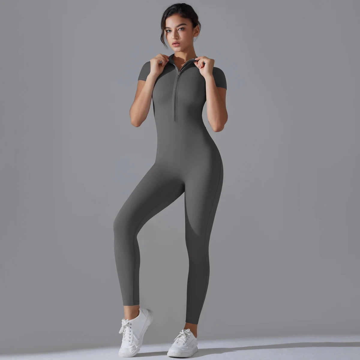 Yoga Set Women's Jumpsuits Zipper Short Sleeve Bodysuit