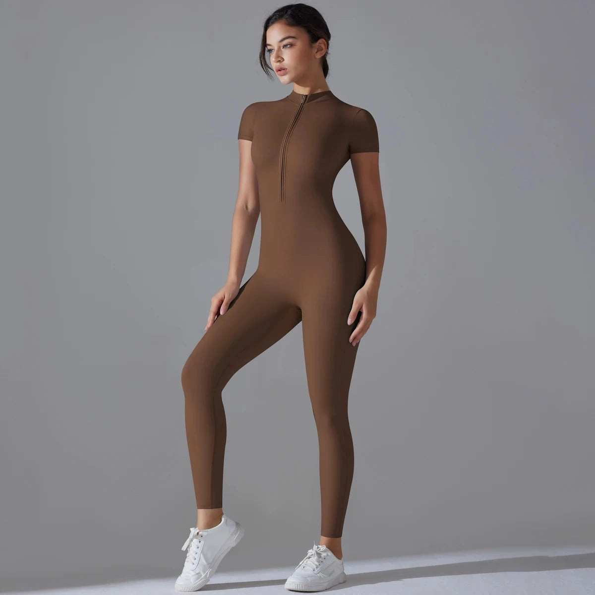 Yoga Set Women's Jumpsuits Zipper Short Sleeve Bodysuit