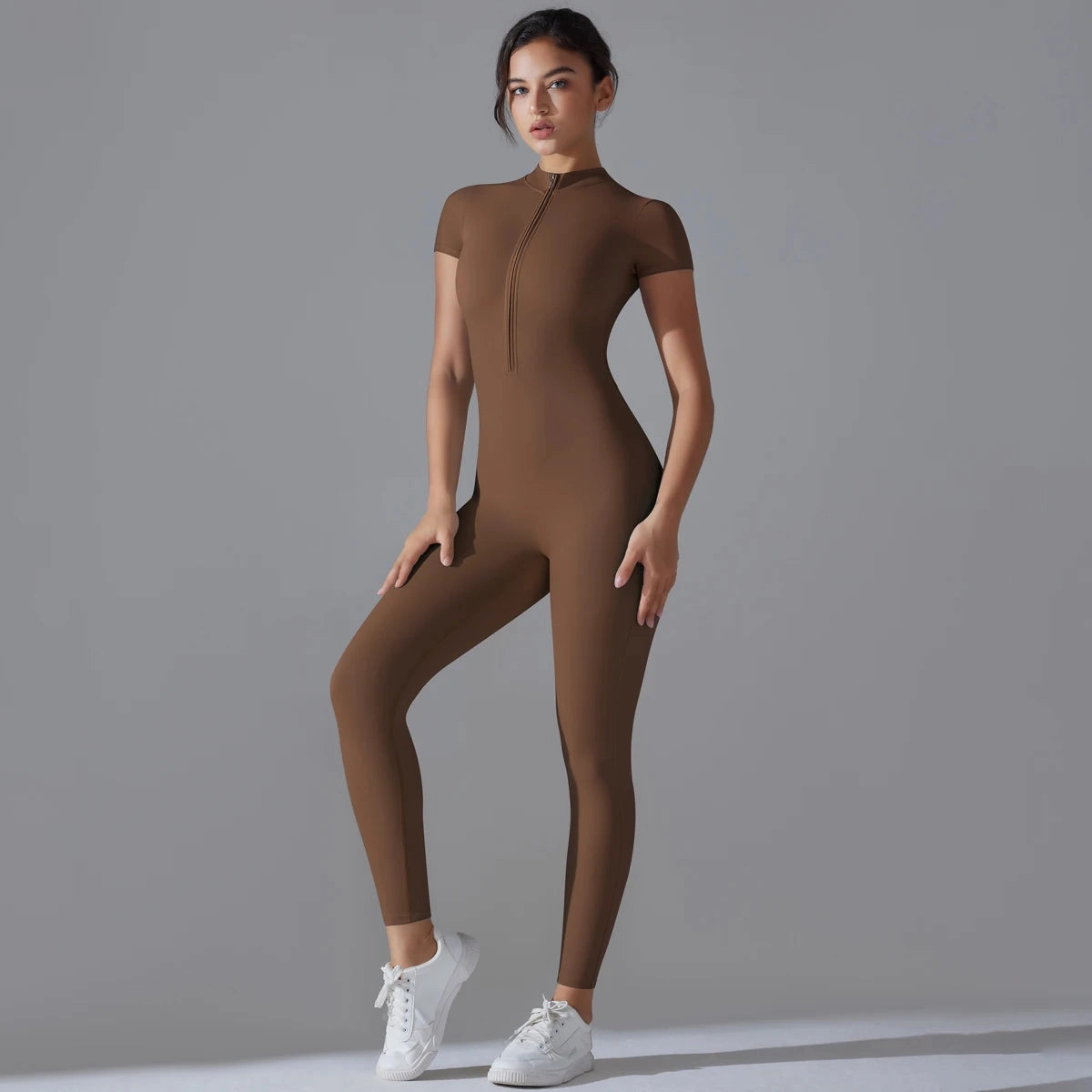Yoga Set Women's Jumpsuits Zipper Short Sleeve Bodysuit