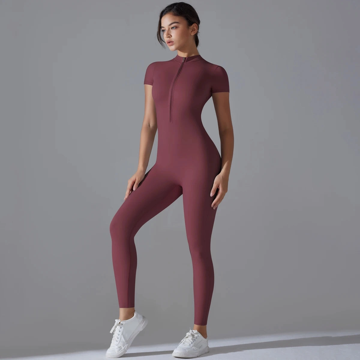 Yoga Set Women's Jumpsuits Zipper Short Sleeve Bodysuit