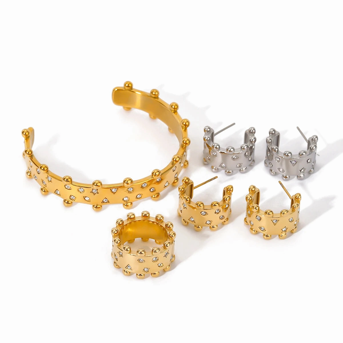 Youthway Cubic Zirconia Stainless Steel Trendy Jewelry Sets 18K Gold Opening Bracelet Anti Allergic Earrings And Rings For Women