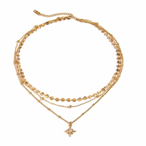Youthway Rhinestone Star Layered Chain Pendant Necklace Women Stainless Steel Golden Metallic Waterproof Necklace Jewelry