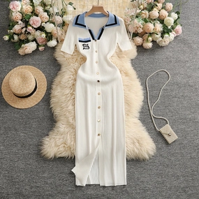 YuooMuoo Chic Fashion Sexy Wrap Hips Knitted Maxi Dress Elegant Office Dress for Women with Embroidery and Turn-Down Collar