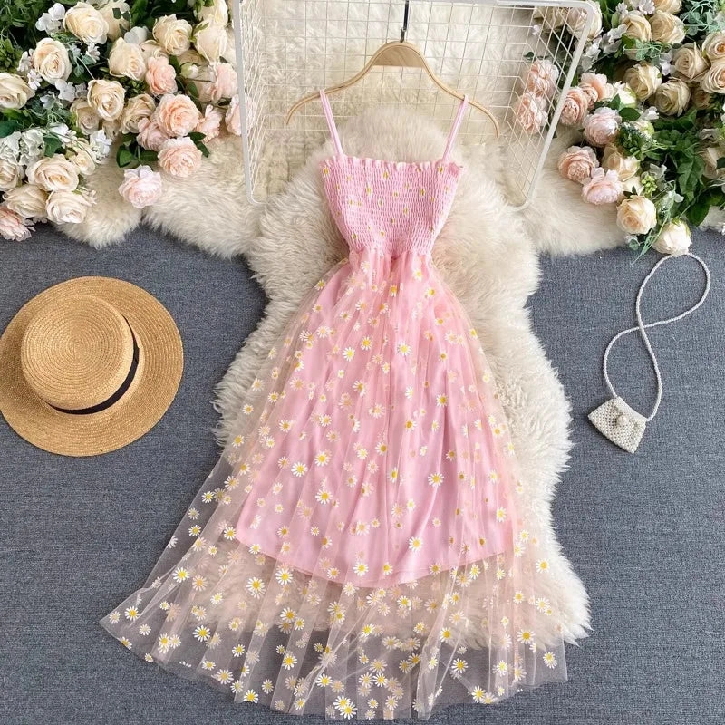 YuooMuoo Women Dress New Korean Fashion Floral Print Spaghetti Straps Mesh Party Dress Vacation Style Lady Beach Vestidos