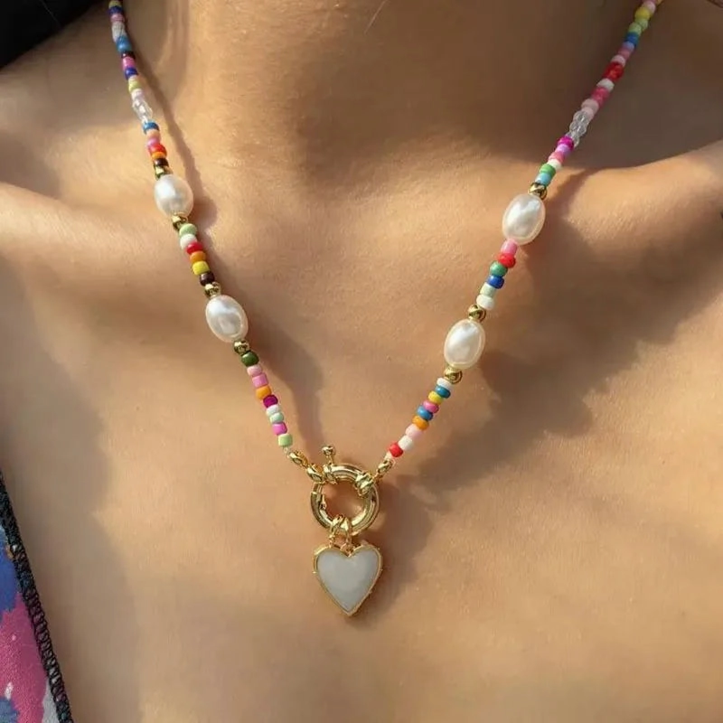 YWZIXLN Bohemian Colorful Beads Chain Necklace With Heart Pendant
