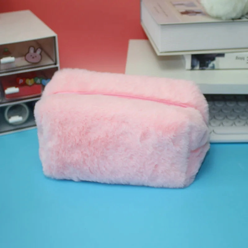 Zipper Large Solid Color Cosmetic Bag Cute Fur Makeup Bag