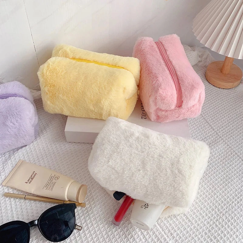 Zipper Large Solid Color Cosmetic Bag Cute Fur Makeup Bag