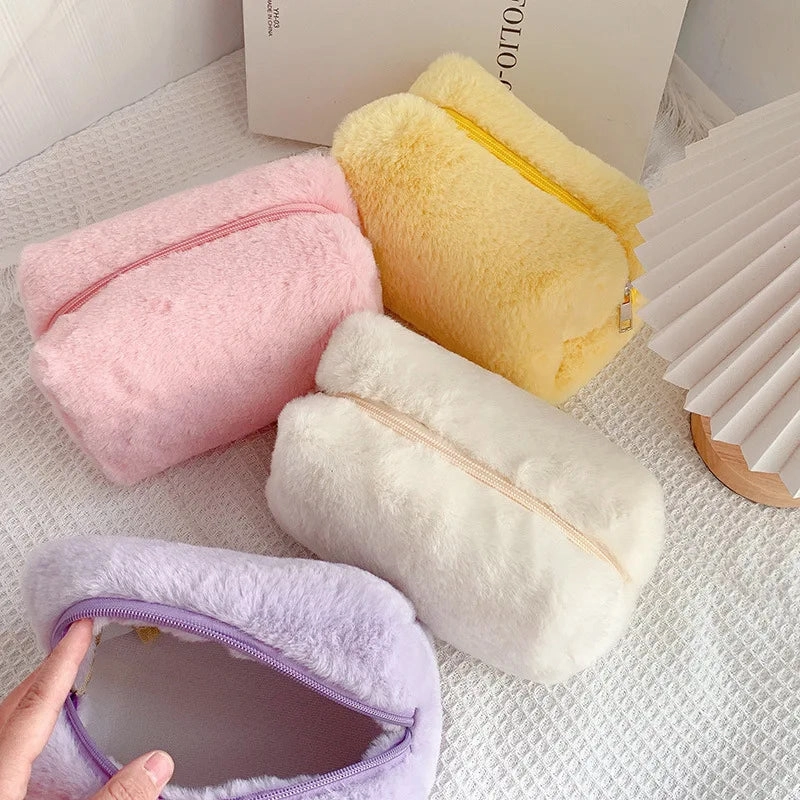 Zipper Large Solid Color Cosmetic Bag Cute Fur Makeup Bag