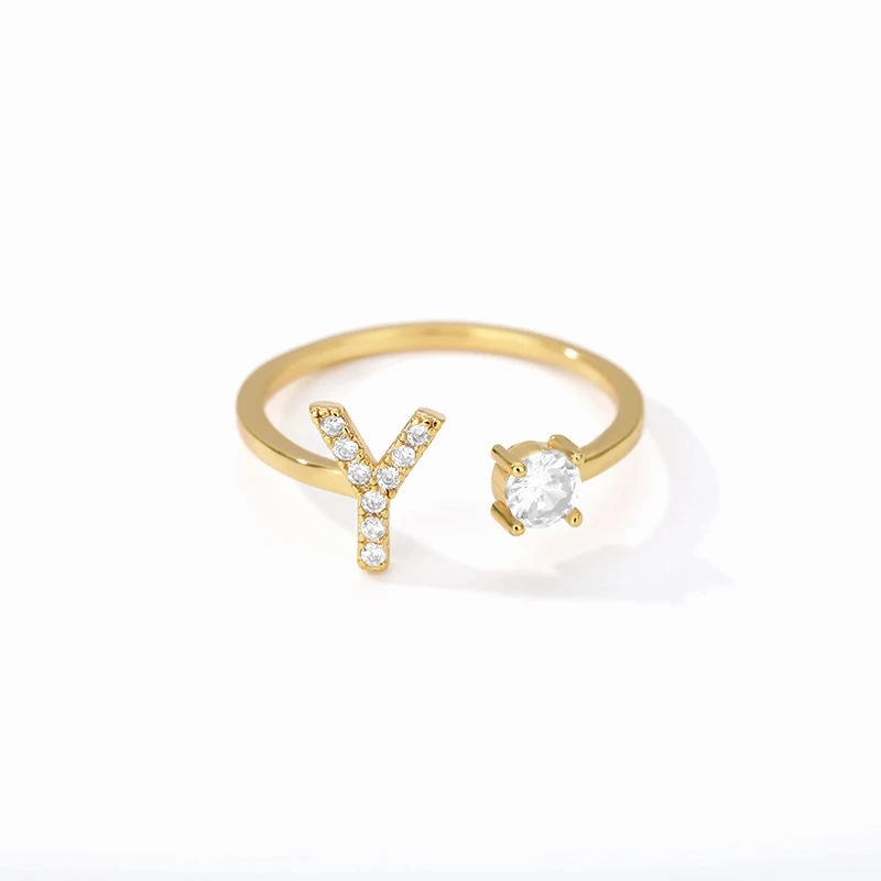 Zircon Initial A-Z Letter Rings For Women Adjustable Jewelry