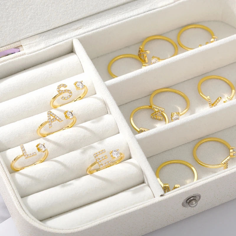 Zircon Initial A-Z Letter Rings For Women Adjustable Jewelry