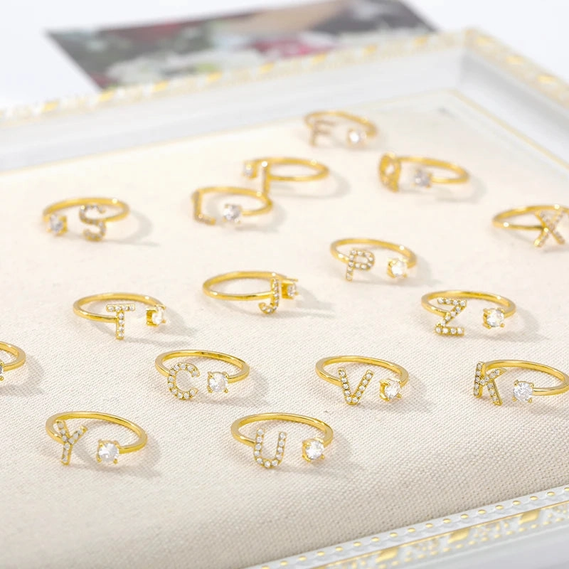 Zircon Initial A-Z Letter Rings For Women Adjustable Jewelry