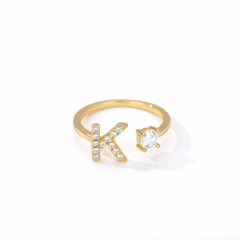 Zircon Initial A-Z Letter Rings For Women Adjustable Jewelry