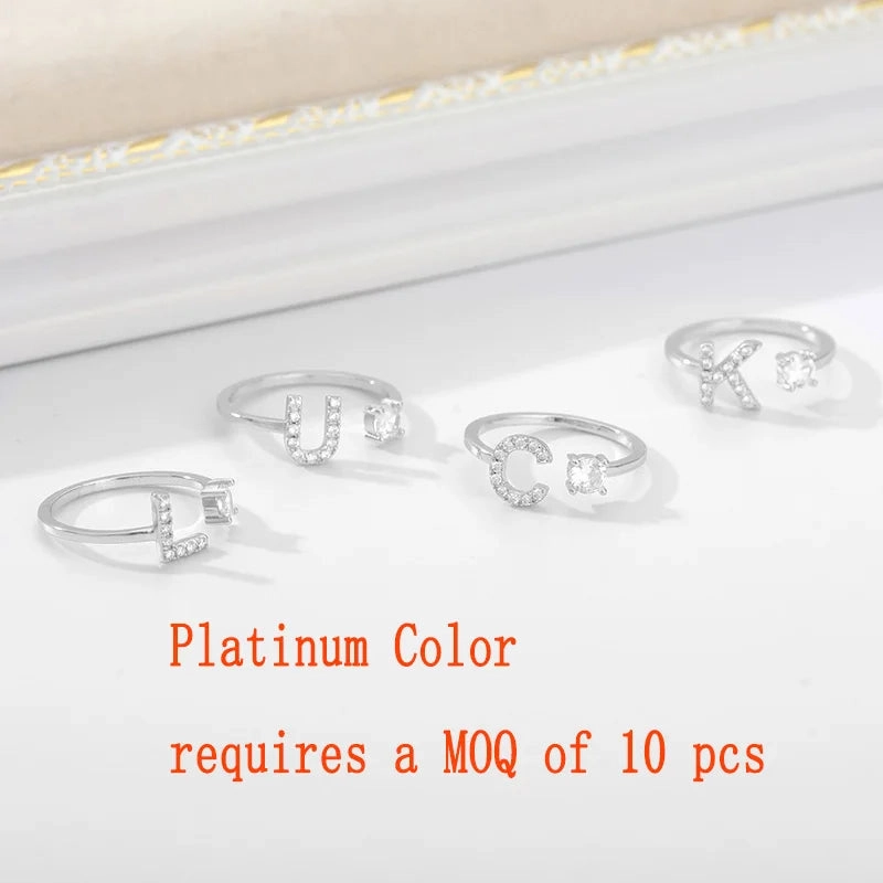 Zircon Initial A-Z Letter Rings For Women Adjustable Jewelry