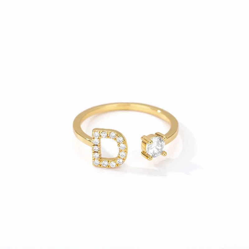 Zircon Initial A-Z Letter Rings For Women Adjustable Jewelry