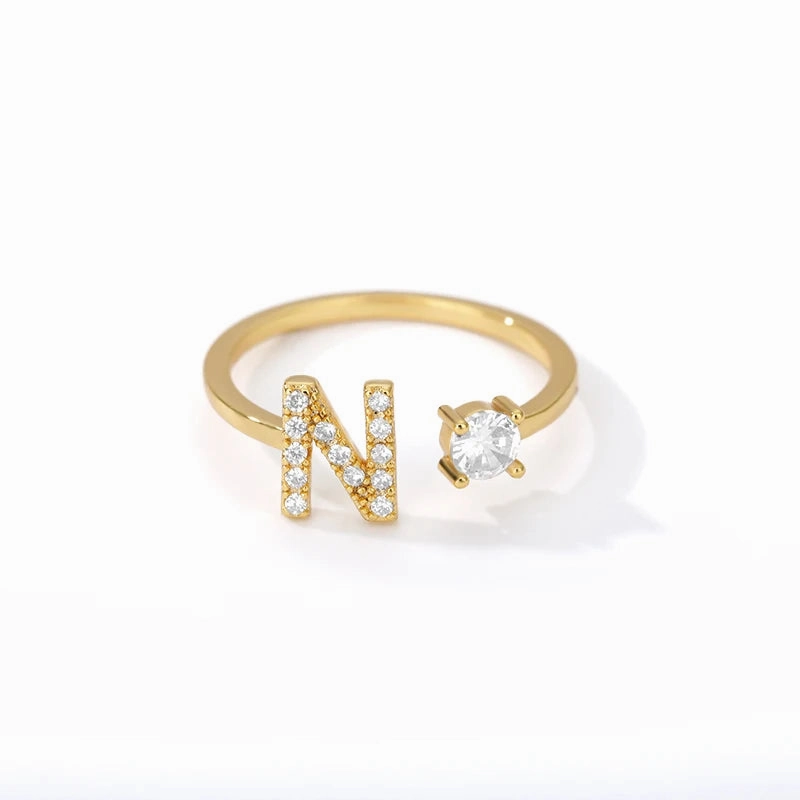 Zircon Initial A-Z Letter Rings For Women Adjustable Jewelry
