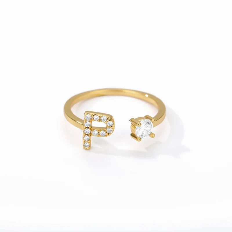 Zircon Initial A-Z Letter Rings For Women Adjustable Jewelry