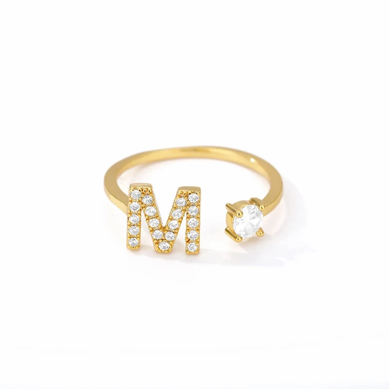 Zircon Initial A-Z Letter Rings For Women Adjustable Jewelry